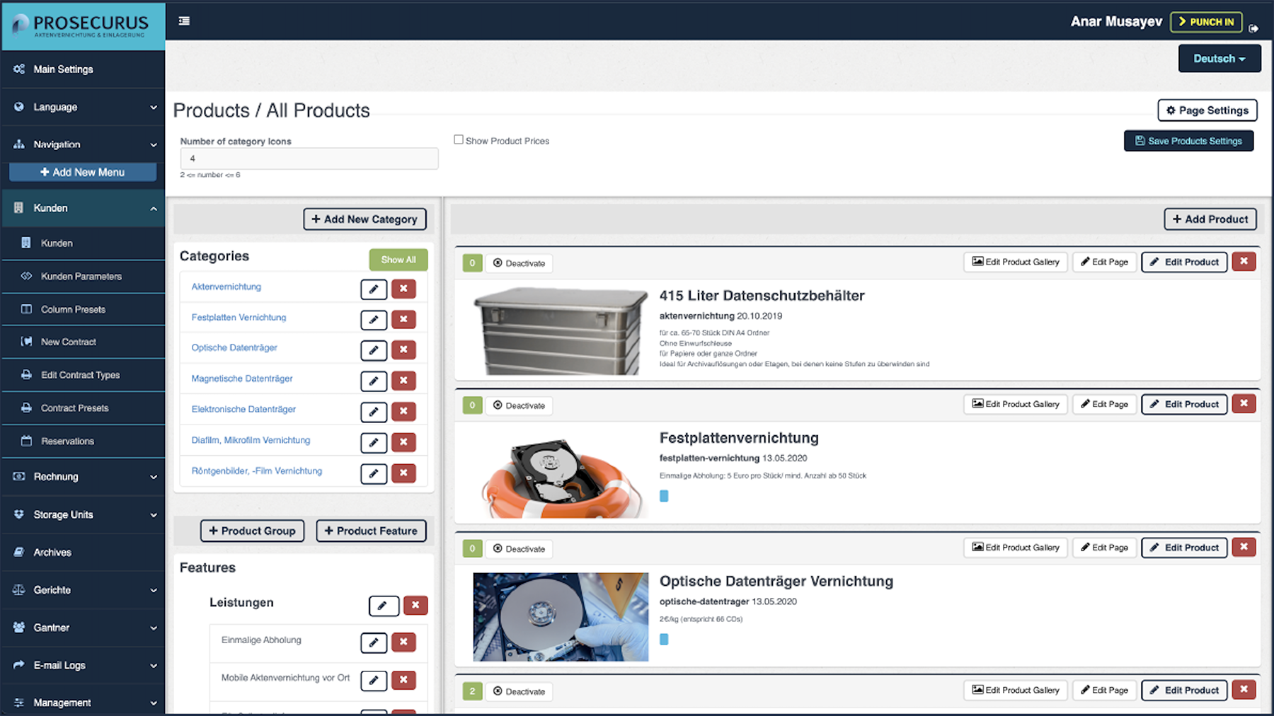 Prosecurus admin interface screen