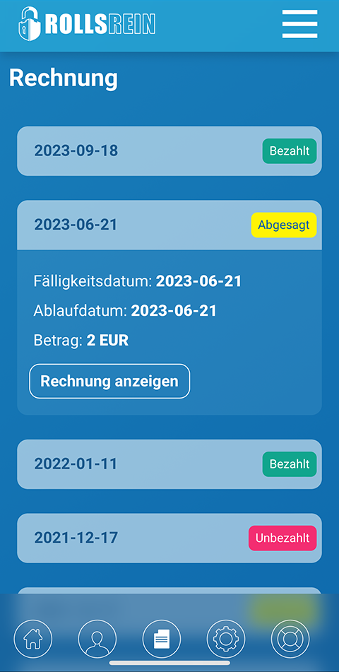 Rollsrein account overview mobile screen